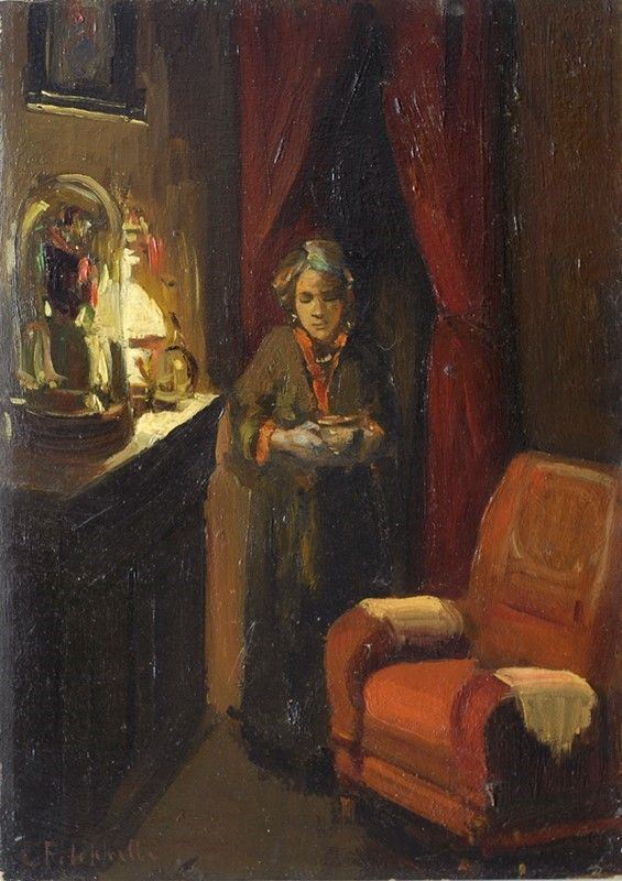 Cafiero Filippelli : Figura in un interno  - Olio su tavoletta - Asta Arte Moderna e Contemporanea - III - Galleria Pananti Casa d'Aste