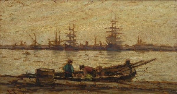 Renuccio Renucci : Barche e pescatori nel porto  - Olio su compensato - Asta Arte Moderna e Contemporanea - III - Galleria Pananti Casa d'Aste