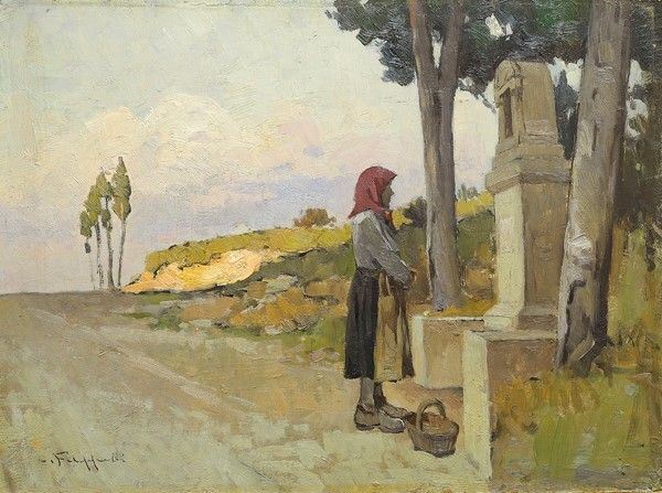 Cafiero Filippelli : Davanti al tabernacolo  - Olio su masonite - Asta Arte Moderna e Contemporanea - III - Galleria Pananti Casa d'Aste