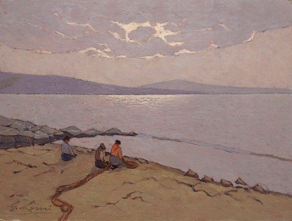 Giovanni Lomi : Riparatori di reti  - Olio su masonite - Asta Arte Moderna e Contemporanea - III - Galleria Pananti Casa d'Aste
