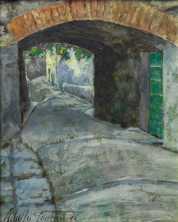 Adolfo Tommasi,Attr. a Adolfo Tommasi : Via del Borgo  - Olio su cartone - Asta Arte Moderna e Contemporanea - III - Galleria Pananti Casa d'Aste