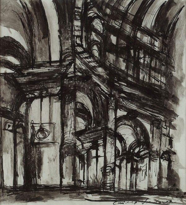 Emilio Vedova : Chiesa della Madonna della Salute &quot;Interno&quot;  ((1950))  - China su carta - Asta Arte Moderna e Contemporanea - III - Galleria Pananti Casa d'Aste