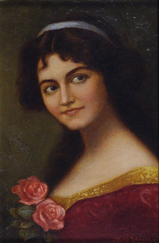 J. Phillip Schmand : Ritratto di donna con rose  (1910)  - Olio su tela - Asta Arte Moderna e Contemporanea - III - Galleria Pananti Casa d'Aste