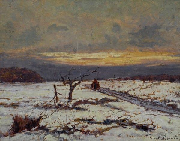 Gino Romiti : Nevicata  - Olio su tavola - Asta Arte Moderna e Contemporanea - III - Galleria Pananti Casa d'Aste