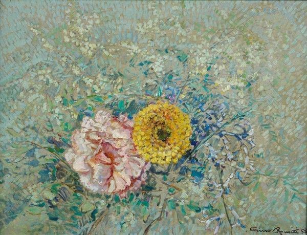 Gino Romiti : Fiori  (1955)  - Olio su masonite - Asta Arte Moderna e Contemporanea - III - Galleria Pananti Casa d'Aste