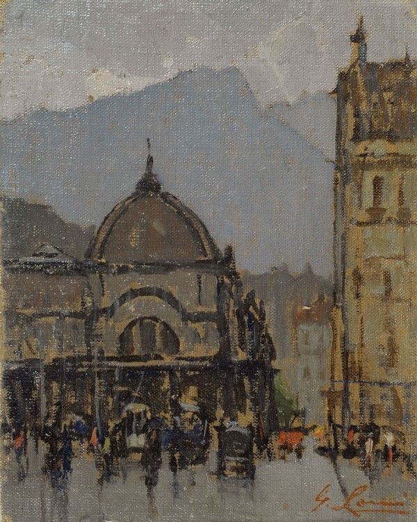 Giovanni Lomi : Stazione di Lucerna  (1930 c.)  - Olio su cartone telato - Asta Arte Moderna e Contemporanea - III - Galleria Pananti Casa d'Aste