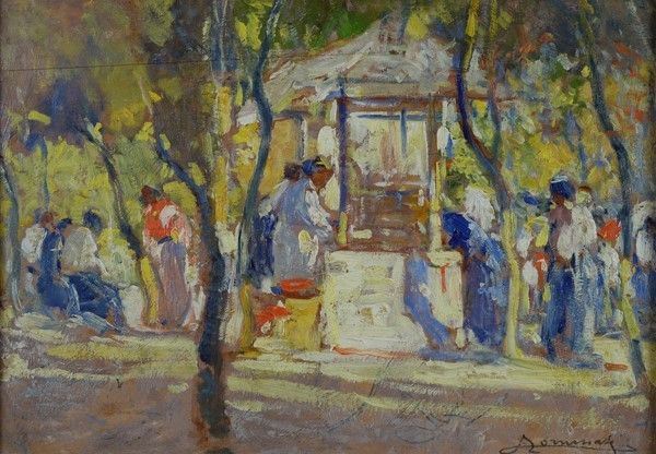 Ludovico Tommasi : Donne al pozzo  - Olio su tavola - Asta Arte Moderna e Contemporanea - III - Galleria Pananti Casa d'Aste