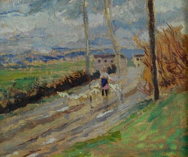 Ulvi Liegi : Paesaggio con gregge  - Olio su tela riportata su cartone - Asta Arte Moderna e Contemporanea - III - Galleria Pananti Casa d'Aste
