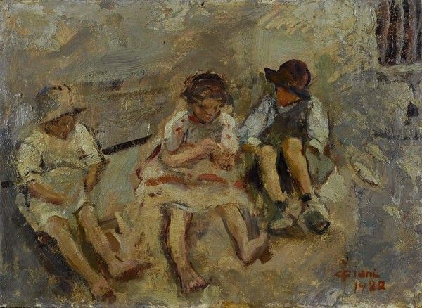Cesare Ciani : Giovinetti sulla via  (1922)  - Olio su cartone - Asta Arte Moderna e Contemporanea - III - Galleria Pananti Casa d'Aste