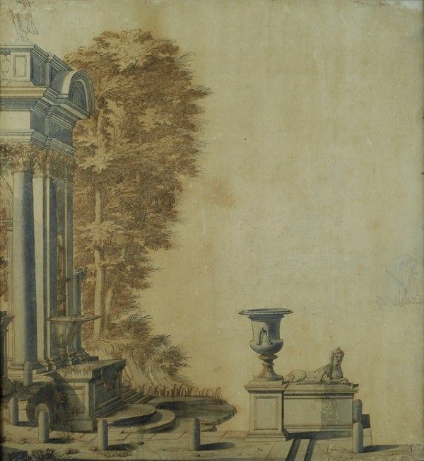Attr. a Ferdinando Galli da Bibbiena : Fontana  - China e matita su carta - Asta Arte Moderna e Contemporanea - III - Galleria Pananti Casa d'Aste