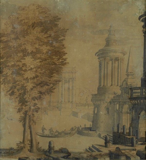 Attr. a Ferdinando Galli da Bibbiena : Capriccio di architetture e figure  - China su carta - Asta Arte Moderna e Contemporanea - III - Galleria Pananti Casa d'Aste