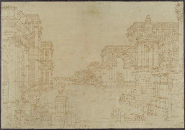 Attr. a Ferdinando Galli da Bibbiena : Architetture sul canale  - China su carta - Asta Arte Moderna e Contemporanea - III - Galleria Pananti Casa d'Aste