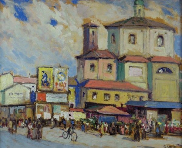 Galileo Chini : Milano che senevà (Il vecchio verziere)  (1940)  - Olio su compensato - Asta Arte Moderna e Contemporanea - III - Galleria Pananti Casa d'Aste