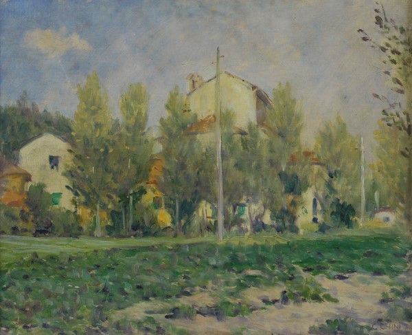 Galileo Chini : Campagna. Lido di Camaiore  - Olio su compensato - Asta Arte Moderna e Contemporanea - III - Galleria Pananti Casa d'Aste