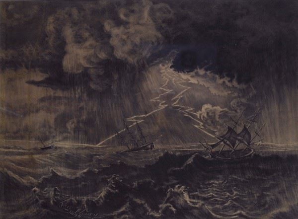 J. Fleury : Storm  (1896)  - Charcoal on paper - Auction AUTHORS OF XIX AND XX CENTURY  [..]