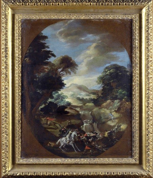 Stefano della Bella : Paesaggio con brigante  (1640 ca.)  - Olio su tela - Asta Arte Moderna e Contemporanea - III - Galleria Pananti Casa d'Aste