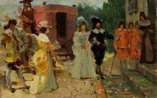 Federico Andreotti : Carrozza con figure  - Olio su legno - Asta Arte Moderna e Contemporanea - III - Galleria Pananti Casa d'Aste