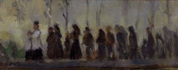 Leon Marcello Banti : Processione  - Olio su tavoletta - Asta Arte Moderna e Contemporanea - III - Galleria Pananti Casa d'Aste