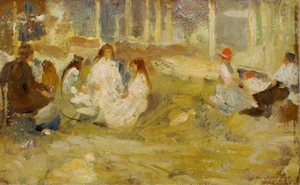 Cesare Ciani : Donne al giardino  - Olio su cartone - Asta Arte Moderna e Contemporanea - III - Galleria Pananti Casa d'Aste