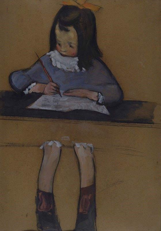 Lorenzo Viani : La scolaretta  ((1920))  - Tecnica mista su cartone - Asta Autori dell'800-900 - I - Galleria Pananti Casa d'Aste