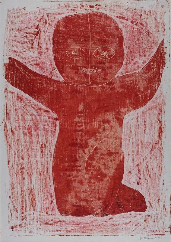 Venturino Venturi : Bambino sorridente in rosso  (1971)  - Disegno a olio su carta - Auction Arredi, dipinti, mobili e oggetti di antiquariato - I - Galleria Pananti Casa d'Aste