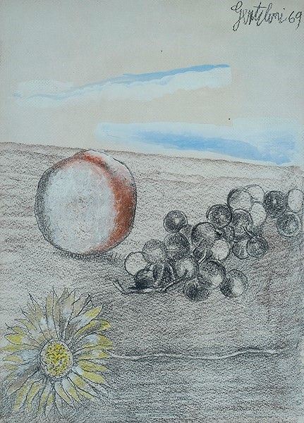 Franco Gentilini : Frutta e girasole  (1969)  - Tecnica mista su carta riportata su tela - Asta Autori del XIX e XX sec. - I - Galleria Pananti Casa d'Aste