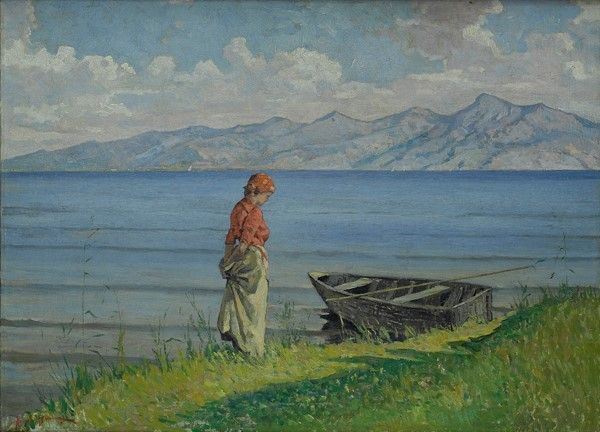 Angiolo Tommasi : Contadina sul Lago di Massaciuccoli  - Olio su tela - Auction Arredi, dipinti, mobili e oggetti di antiquariato - I - Galleria Pananti Casa d'Aste