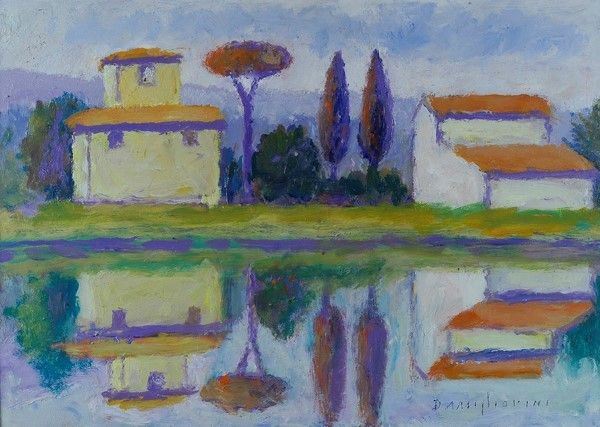 Dino Migliorini : Case sul fiume  - Olio su faesite - Asta Arredi, dipinti, mobili e oggetti di antiquariato - I - Galleria Pananti Casa d'Aste