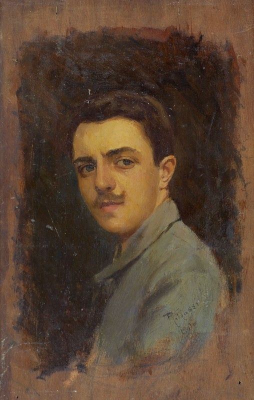 R. Rossi : Ritratto  (1914)  - Olio su tavola - Asta Arredi, dipinti, mobili e oggetti di antiquariato - I - Galleria Pananti Casa d'Aste