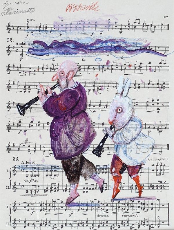 Antonio Possenti : 2 con il clarinetto  ((2009))  - Tecnica mista su carta musicale - Asta Arredi, dipinti, mobili e oggetti di antiquariato - I - Galleria Pananti Casa d'Aste