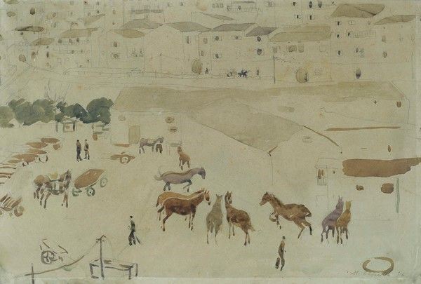 Michele Cascella - Paesaggio con Soldati e Cavalli