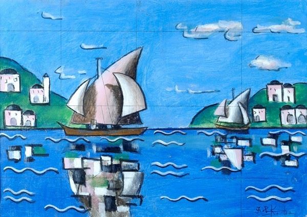 Ibrahim Kodra : Paesaggio con barche  - Pastelli su carta riportata su tela - Asta Arredi, dipinti, mobili e oggetti di antiquariato - I - Galleria Pananti Casa d'Aste