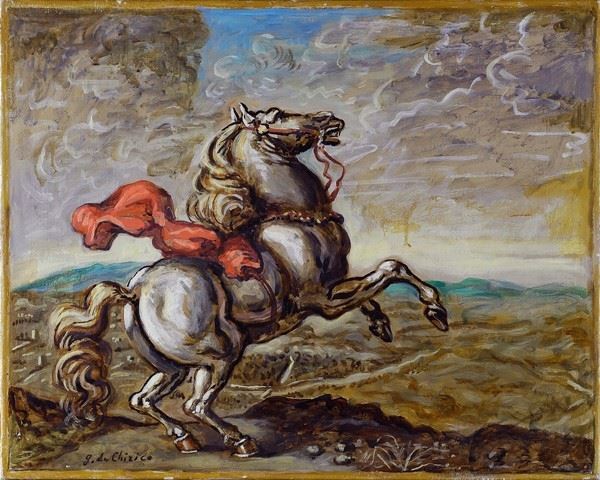 Giorgio de Chirico : Cavallo scalpitante  (Anni '60)  - Olio su tela - Asta Arredi, dipinti, mobili e oggetti di antiquariato - I - Galleria Pananti Casa d'Aste