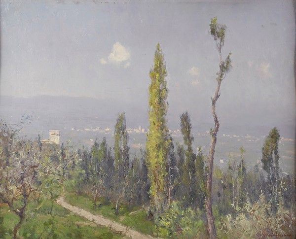 Alberto Cecconi : Paesaggio  - Olio su compensato - Asta Arredi, dipinti, mobili e oggetti di antiquariato - I - Galleria Pananti Casa d'Aste