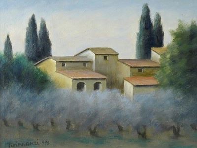 Paesaggio con Cipressi e Case