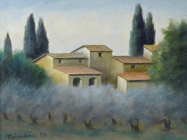 Nino Tirinnanzi : Paesaggio con cipressi e case  (1978)  - Olio su tela - Asta Arredi, dipinti, mobili e oggetti di antiquariato - I - Galleria Pananti Casa d'Aste