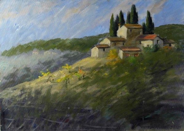 Nino Tirinnanzi : Paesaggio  (1984)  - Olio su cartone telato - Asta Autori dell'800-900 - I - Galleria Pananti Casa d'Aste