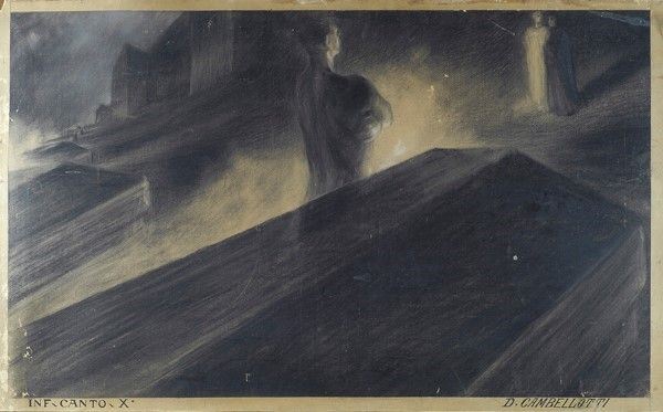 Duilio Cambellotti : Farinata (Inferno Canto X)  - Carboncino su cartone - Asta Arredi, dipinti, mobili e oggetti di antiquariato - I - Galleria Pananti Casa d'Aste