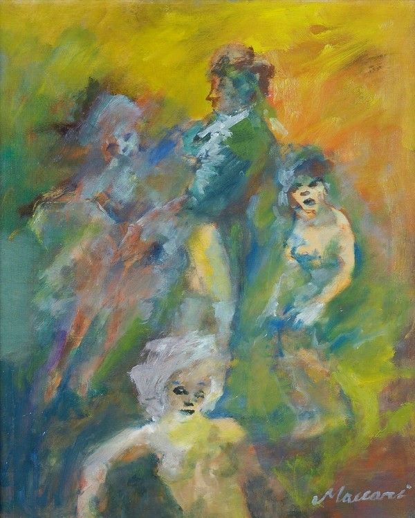 Mino Maccari : Figure  (anni'80)  - Olio su tavola - Auction Arredi, dipinti, mobili e oggetti di antiquariato - I - Galleria Pananti Casa d'Aste