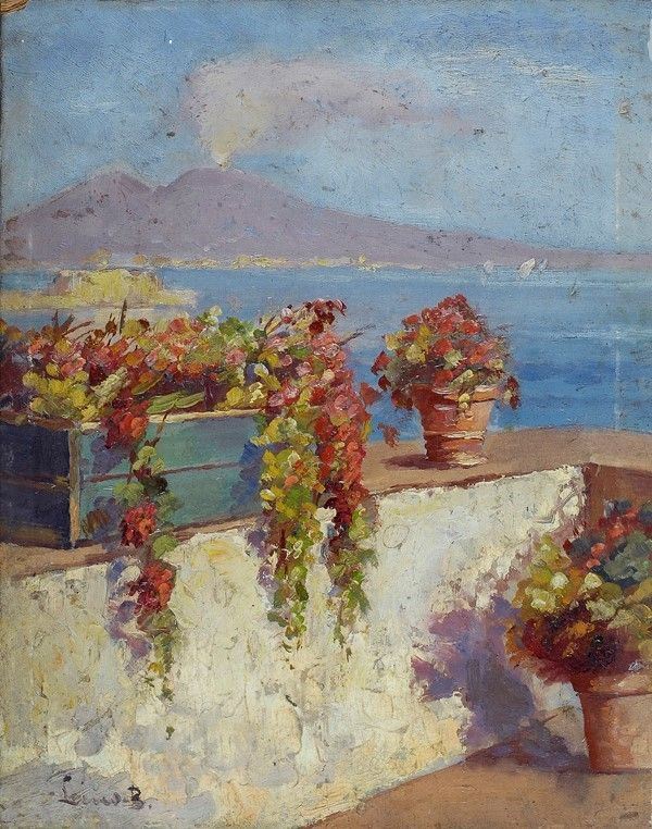 Lina Bill : Veduta del Vesuvio  - Olio su cartone - Asta Arredi, dipinti, mobili e oggetti di antiquariato - I - Galleria Pananti Casa d'Aste