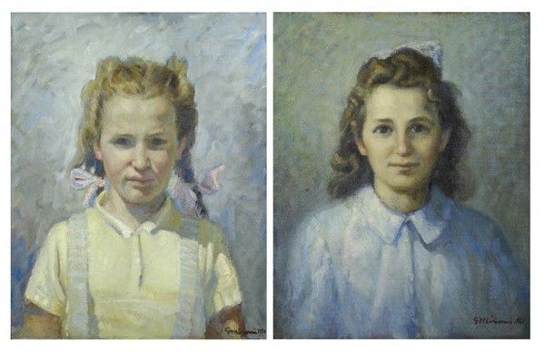 Giovanni Misani : Bambine  (1950; 1951)  - Olio su faesite - Asta Arredi, dipinti, mobili e oggetti di antiquariato - I - Galleria Pananti Casa d'Aste