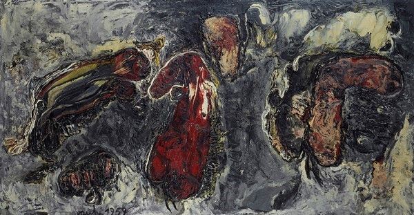 Sergio Vacchi : Figure plurali  (1959)  - Olio su tela - Asta Arredi, dipinti, mobili e oggetti di antiquariato - I - Galleria Pananti Casa d'Aste