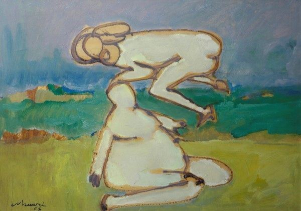 Mino Maccari : Due figure nel paesaggio  (1963)  - Olio su tavola - Asta Arredi, dipinti, mobili e oggetti di antiquariato - I - Galleria Pananti Casa d'Aste