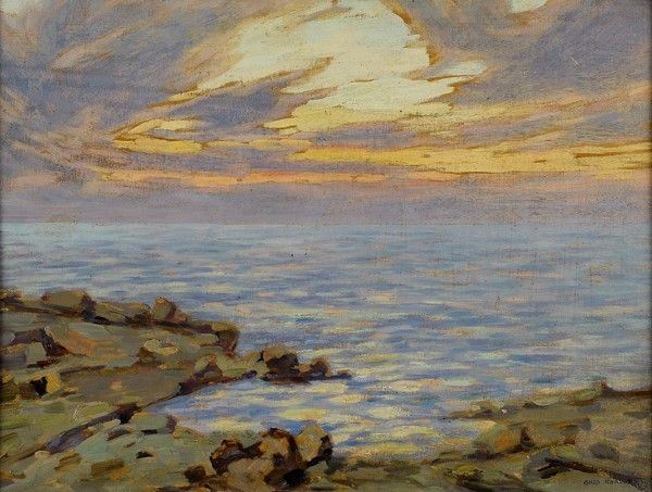 Gino Romiti : Marina al tramonto  (1917)  - Olio su tavola - Auction Arredi, dipinti, mobili e oggetti di antiquariato - I - Galleria Pananti Casa d'Aste