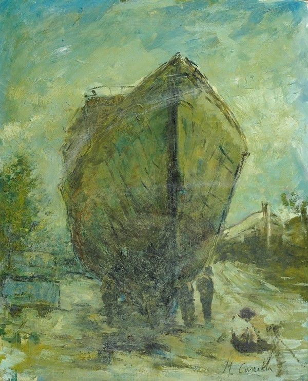 Michele Cascella : Cantiere a Ortona  - Olio su cartone - Asta Arredi, dipinti, mobili e oggetti di antiquariato - I - Galleria Pananti Casa d'Aste