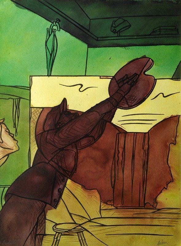 Valerio Adami : La Chute  ((1991))  - Acquerello su carta - Asta Arredi, dipinti, mobili e oggetti di antiquariato - I - Galleria Pananti Casa d'Aste