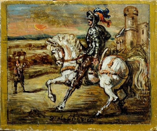 Giorgio de Chirico : Cavallo e Cavaliere  (metà anni '50)  - olio su cartone telato - Asta Arredi, dipinti, mobili e oggetti di antiquariato - I - Galleria Pananti Casa d'Aste