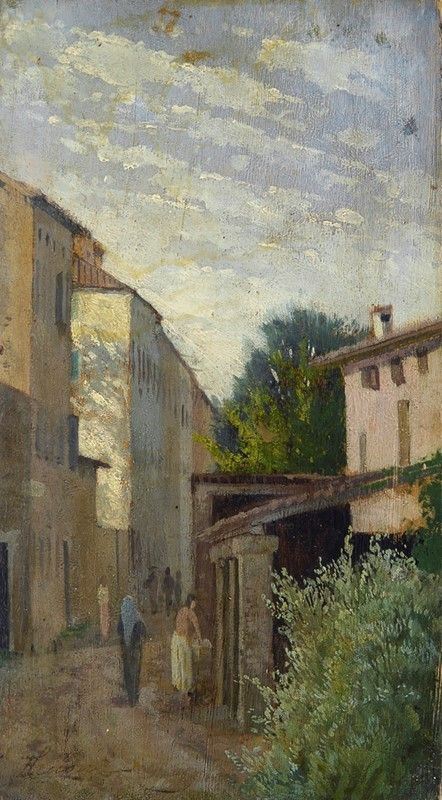 Eugenio Cecconi : Una via a Livorno  ((1865-1870))  - Olio su tavola, - Asta Arredi, dipinti, mobili e oggetti di antiquariato - I - Galleria Pananti Casa d'Aste