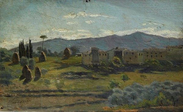 Eugenio Cecconi : Case e pagliai presso Ceppato  ((1870-1875))  - Olio su tavola - Auction Arredi, dipinti, mobili e oggetti di antiquariato - I - Galleria Pananti Casa d'Aste