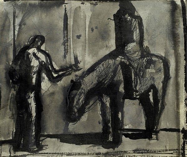 Mario Sironi : Composizione con cavallo, cavaliere e figura  (metà degli anni 30)  - Tempera, china e tracce di matita  su carta - Auction Arte Contemporanea, Grafica ed Edizioni - I - Galleria Pananti Casa d'Aste
